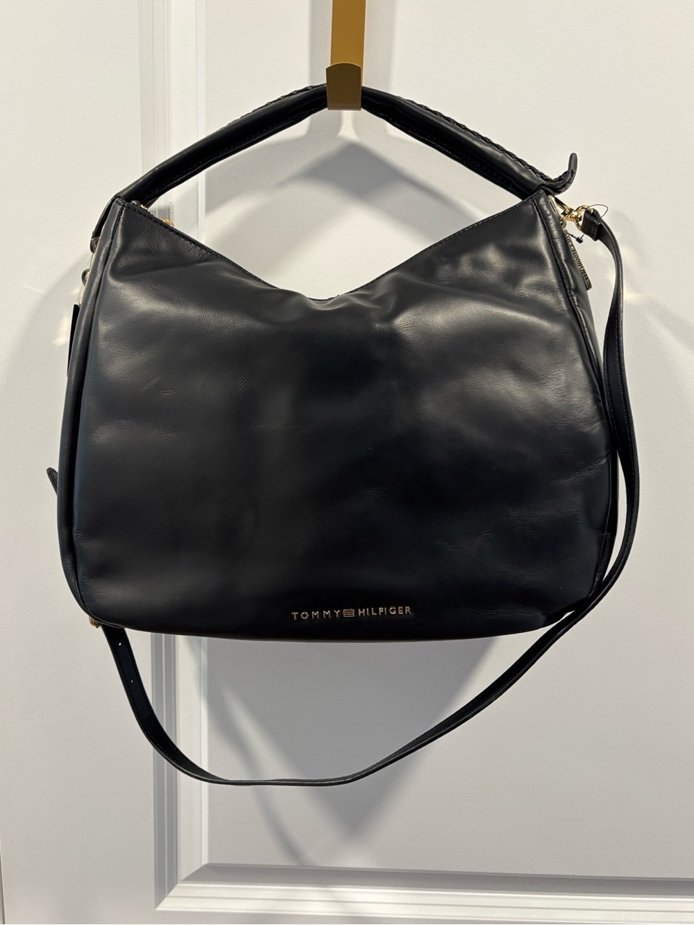 Tommy Hilfiger Black Leather Shoulder Hobo Bag